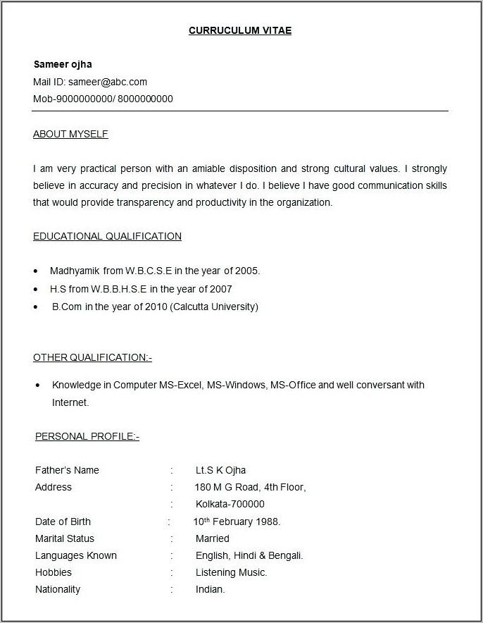 Call Center Resume Format Free Download