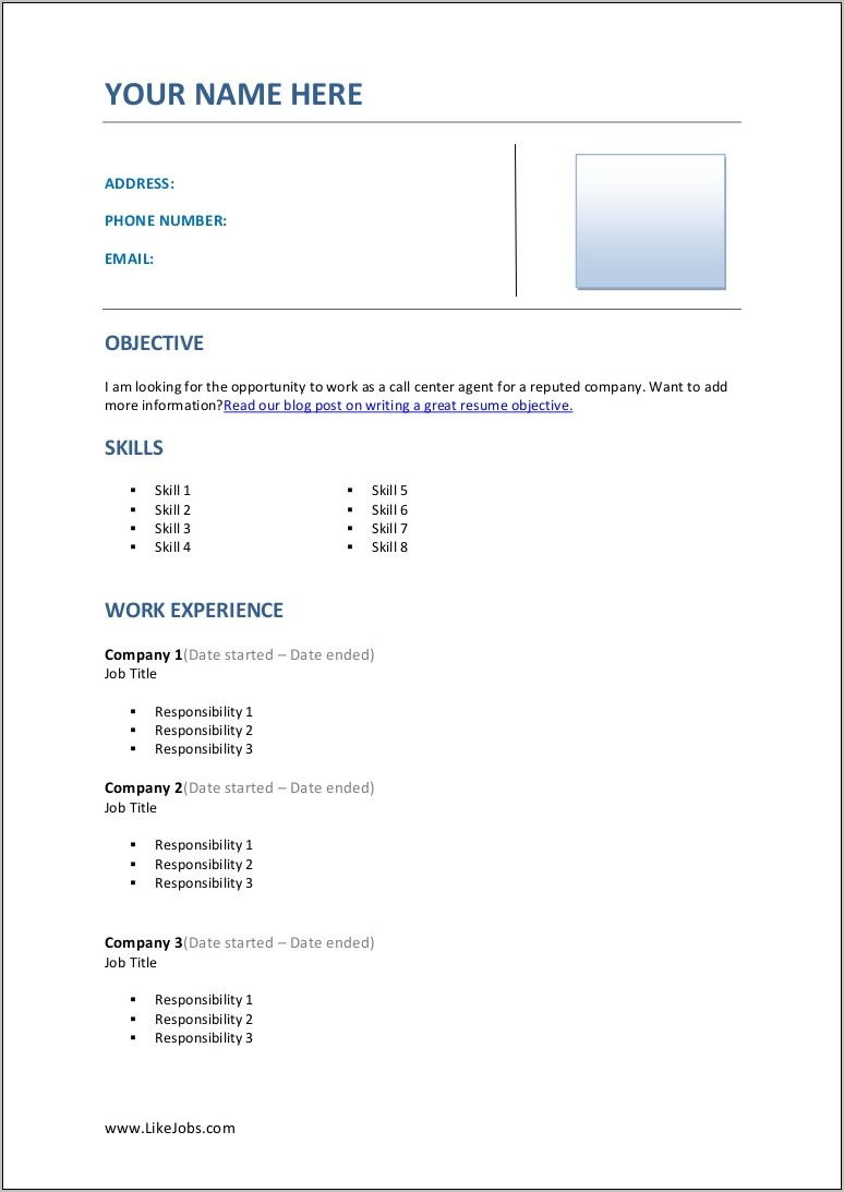 Call Center Resume Sample Without Experience