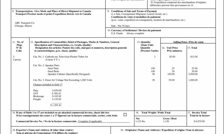 Canada Customs Invoice In Word Format