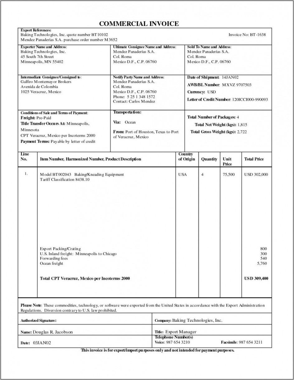Canada Export Commercial Invoice Template