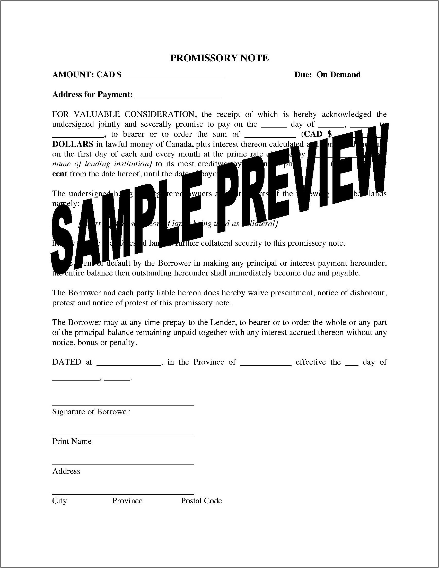 Canadian Promissory Notes Templates Free