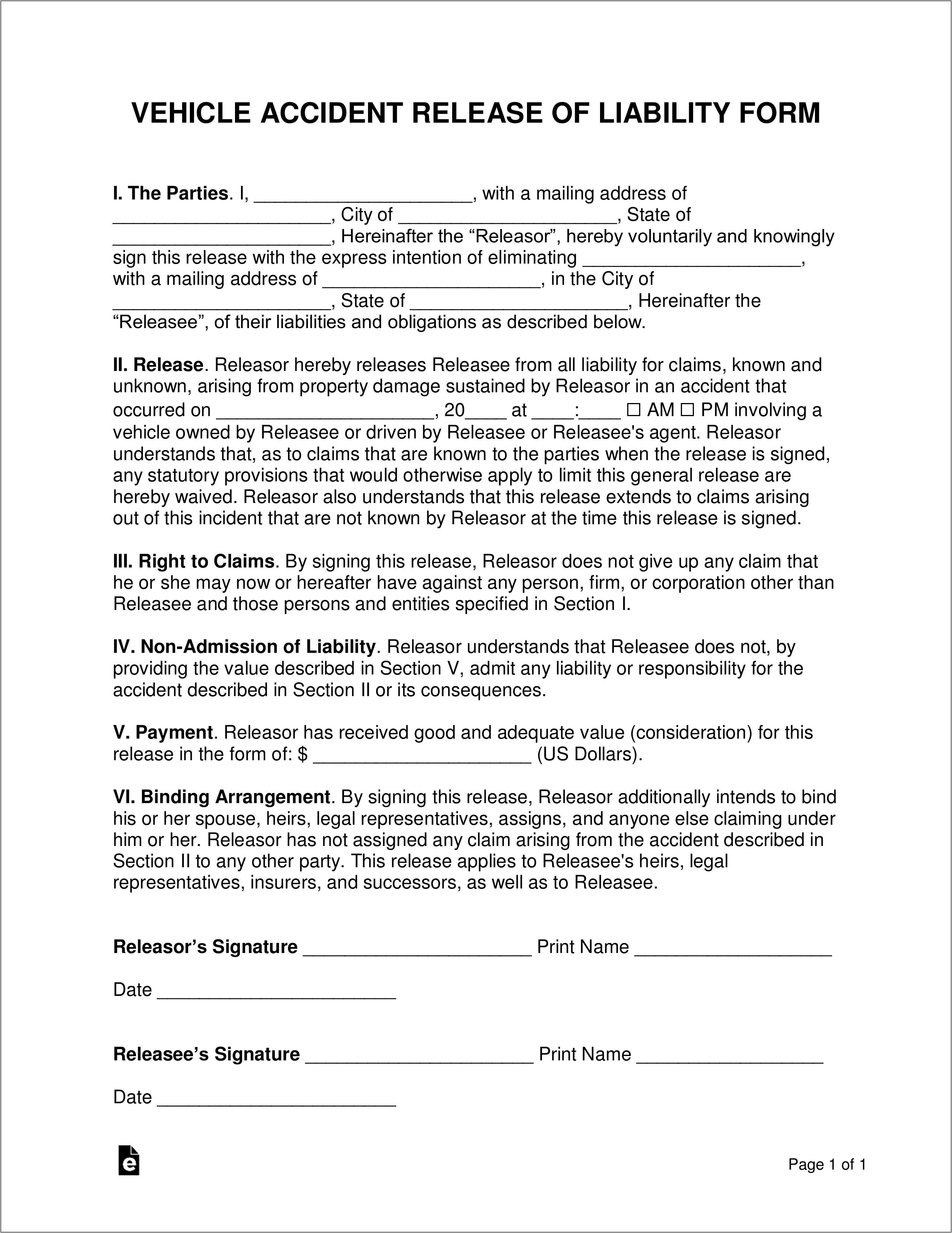 Car Accident Settlement Agreement Form Pdf