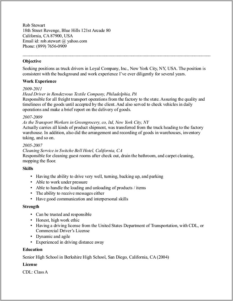Cdl Truck Driver Resume Template