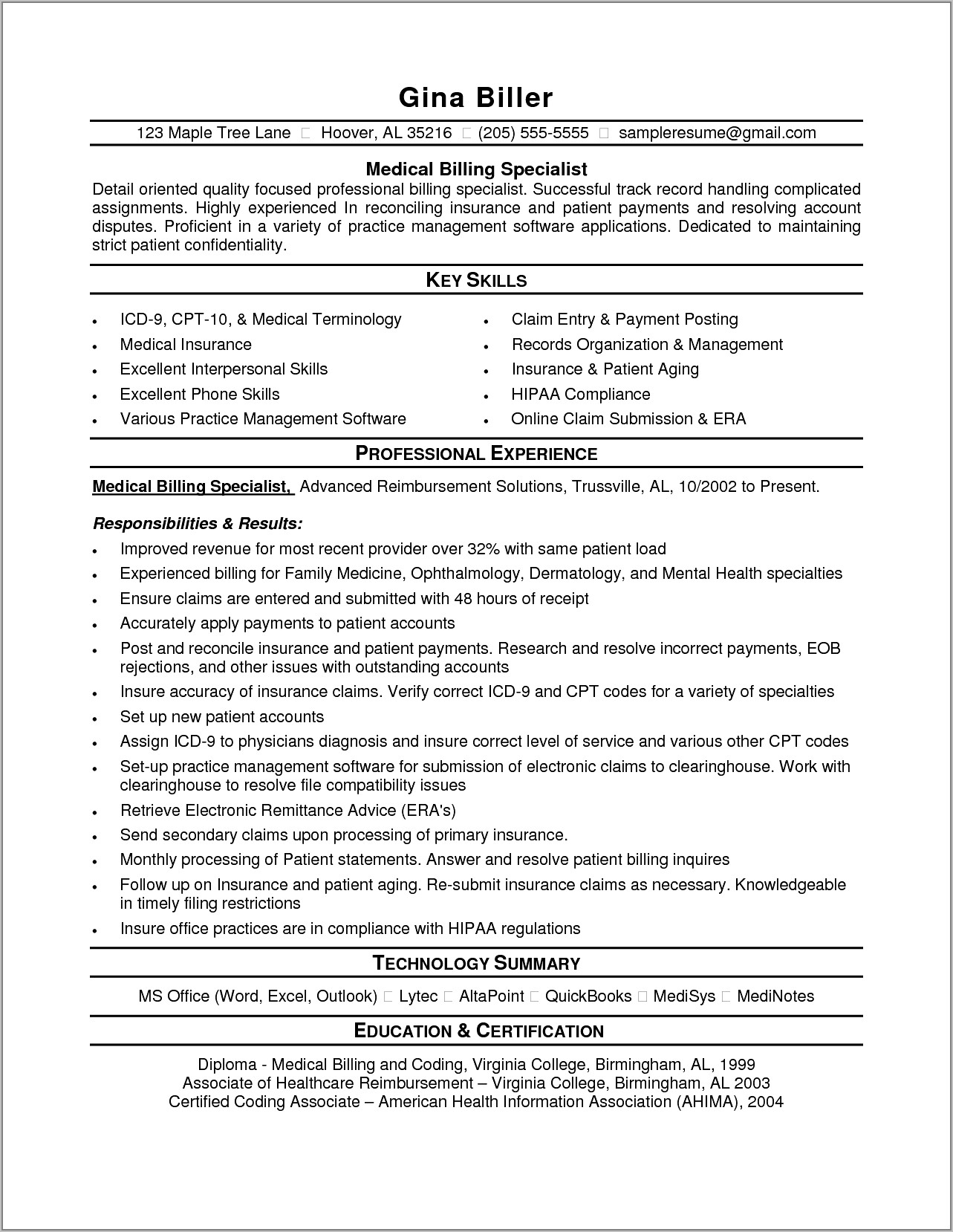 Certified Medical Billing And Coding Specialist Resume