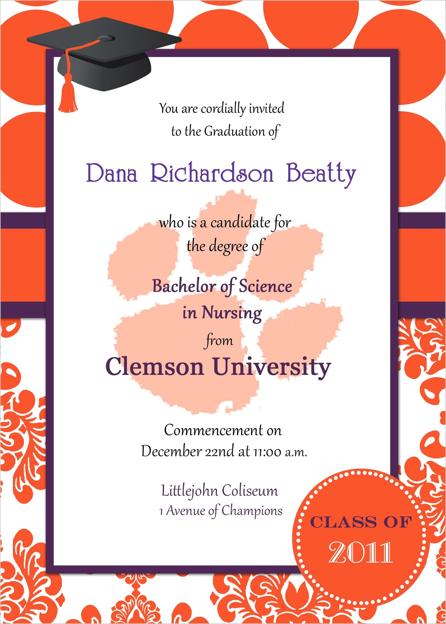 Clemson University Graduation Invitations