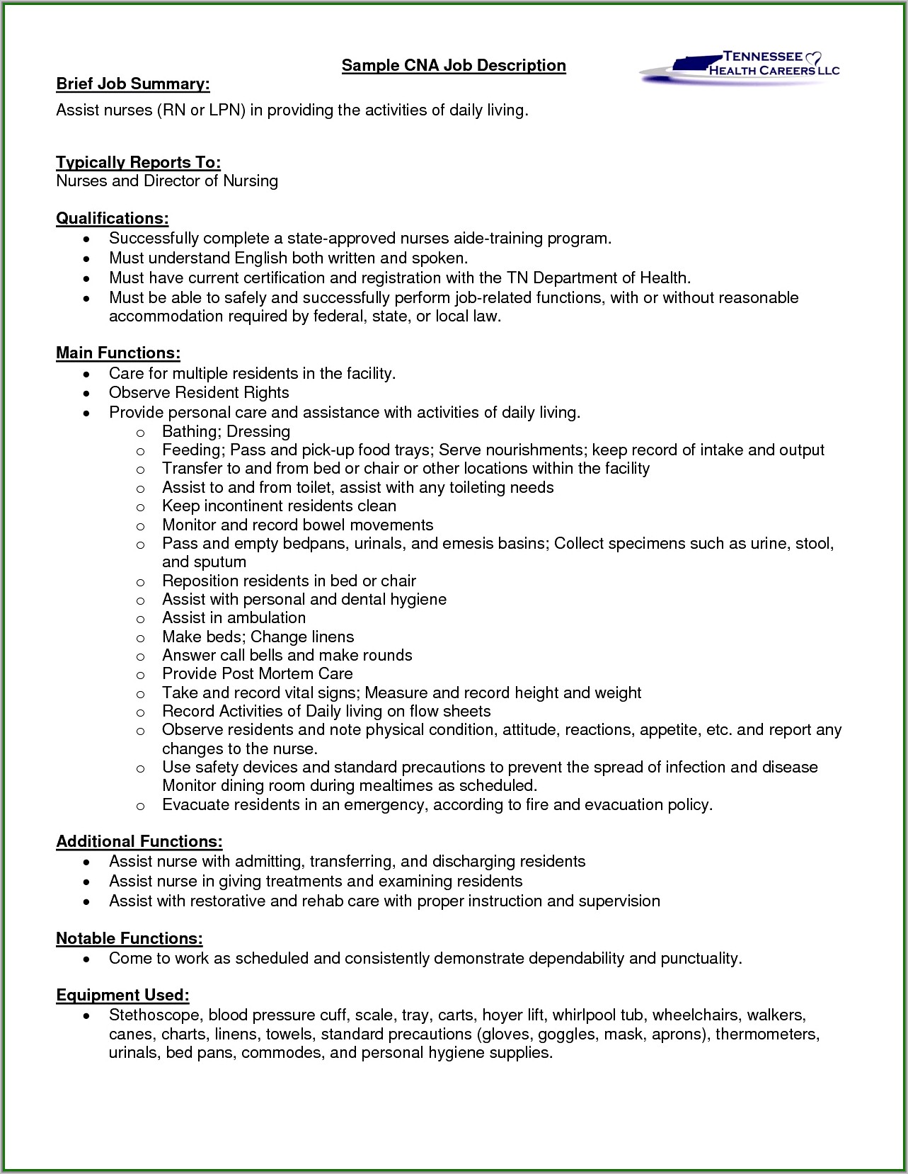 Cna Job Description Hospital Resume