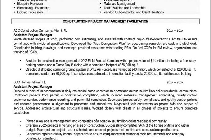 Construction Project Manager Resume Template Free