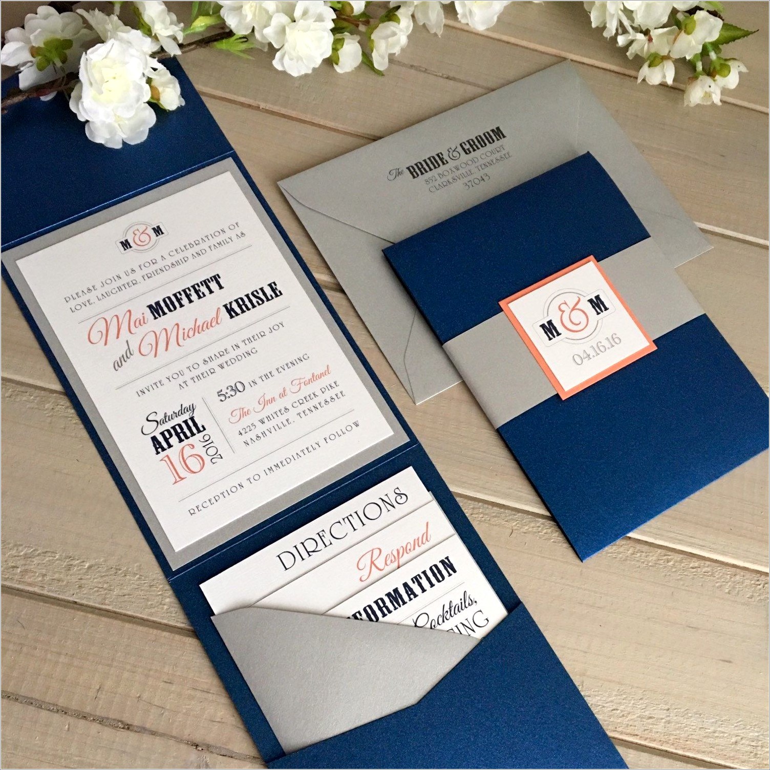 Coral And Blue Wedding Invitations
