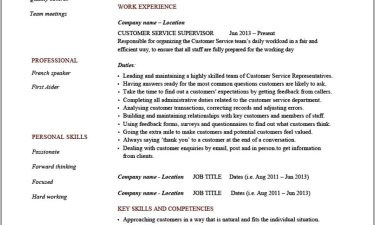 Customer Service Cv Template Word