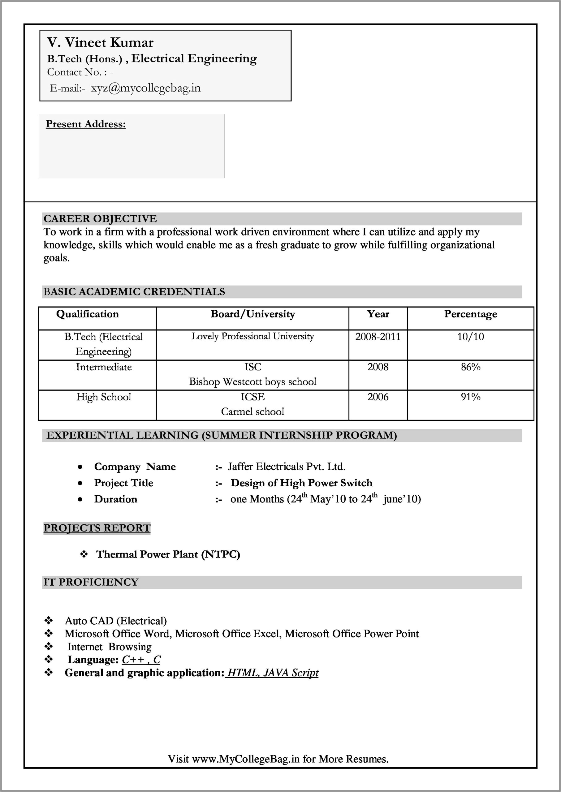 Cv Samples For Electrical Engineer Freshers