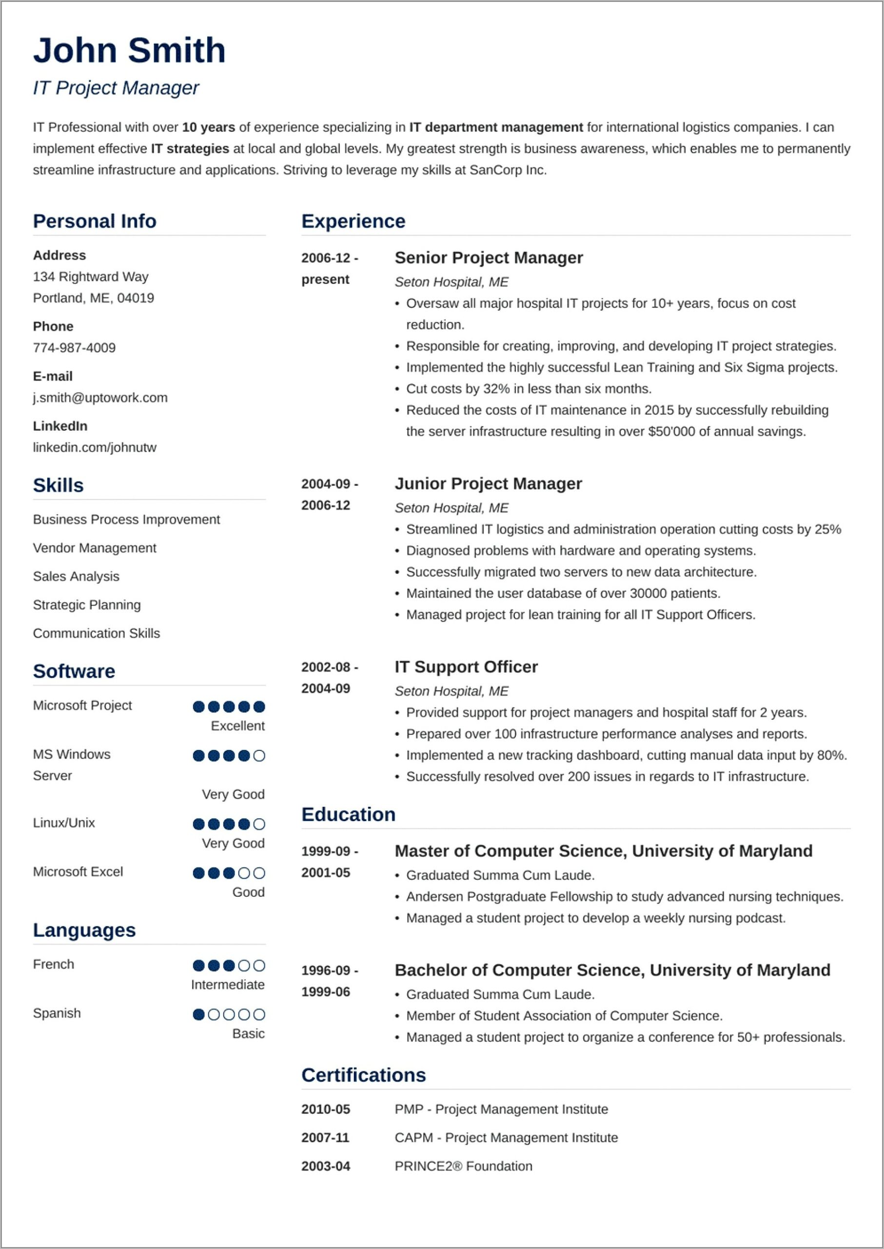 Cv Template For Construction Project Manager