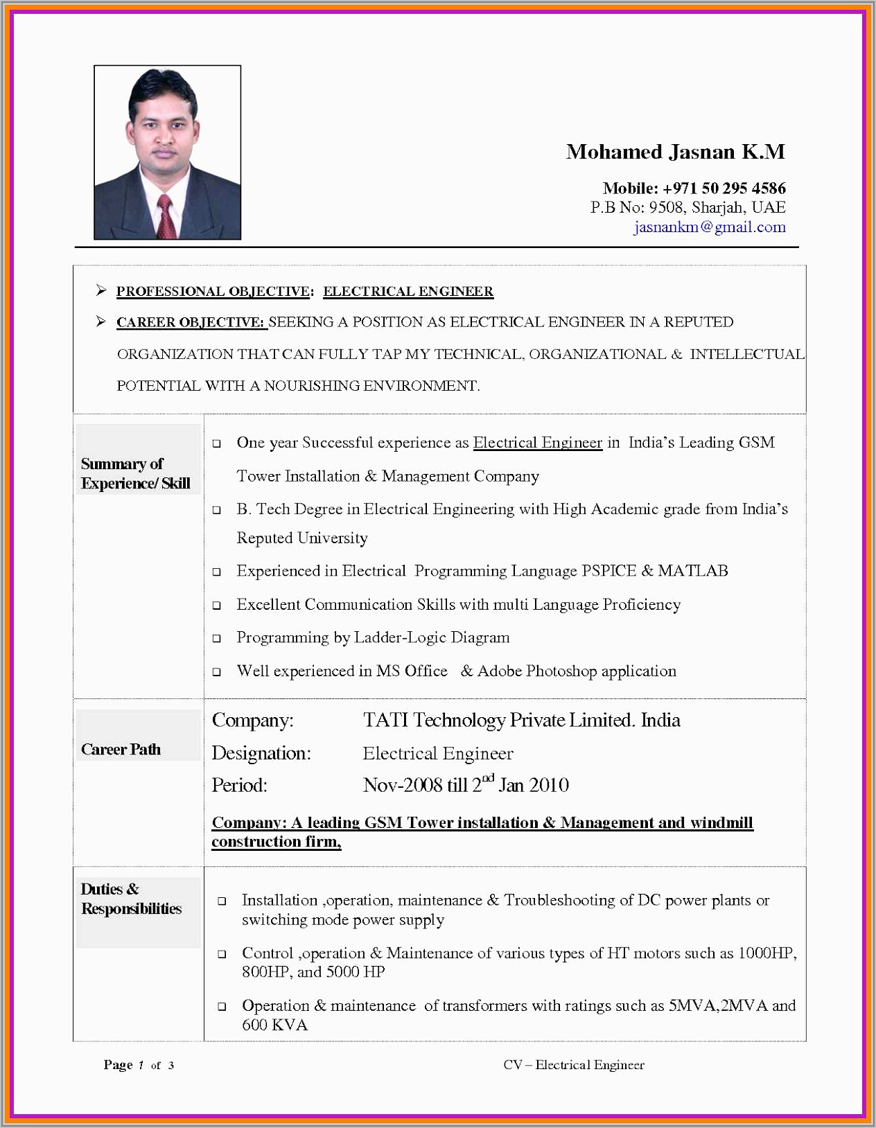 Cv Template For Electrician