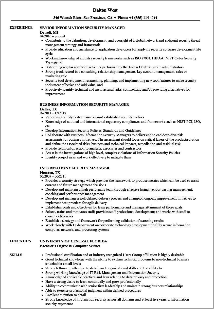 Cyber Security Manager Resume Sample