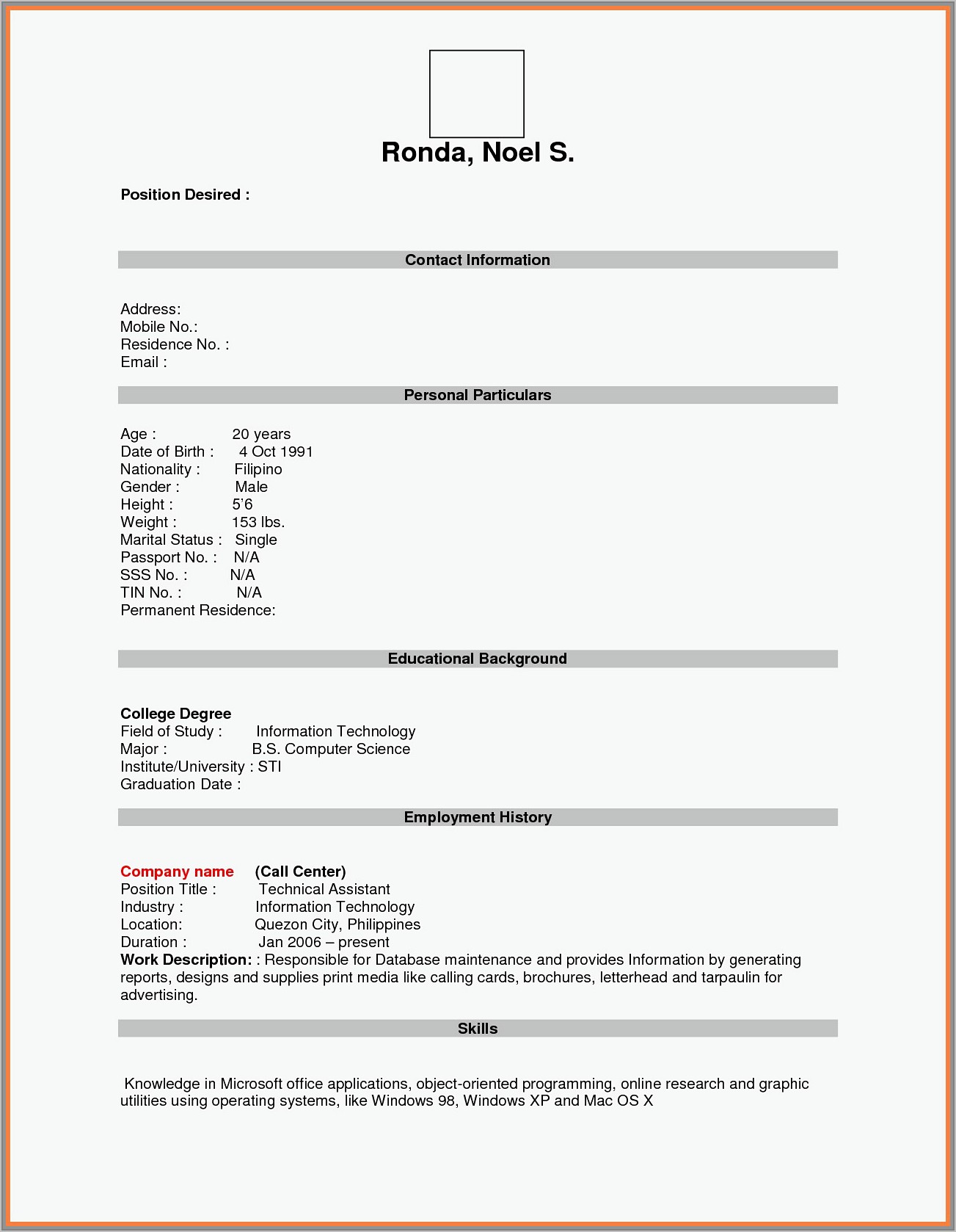 Downloadable Printable Blank Resume Form