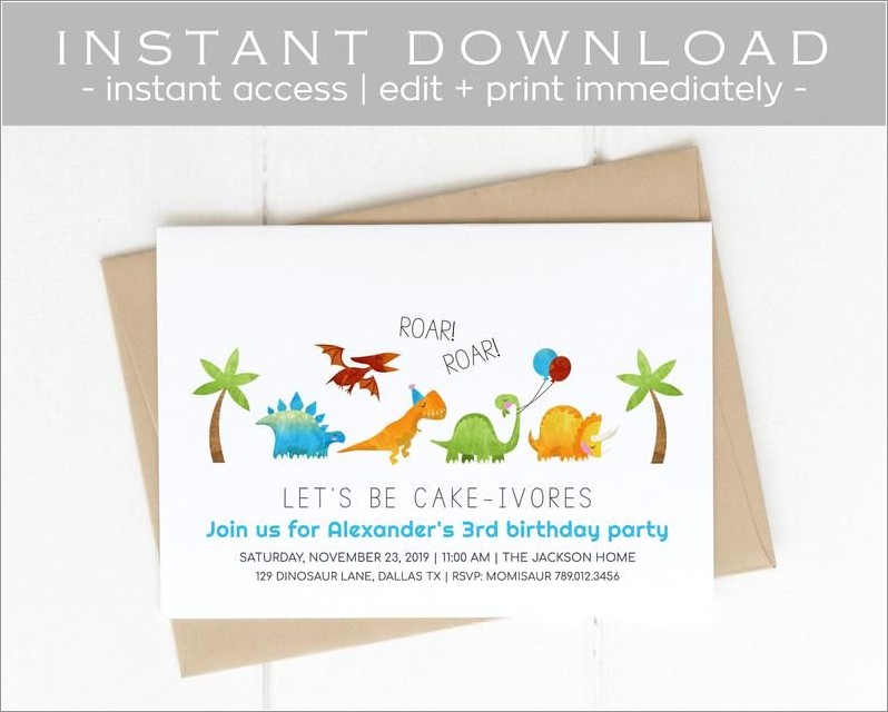 Editable Dinosaur Birthday Invitation Template Invitations