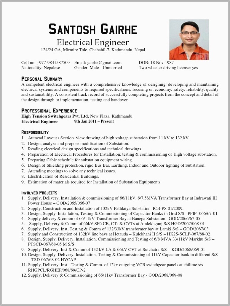 Electrical Engineer Resume Format Pdf