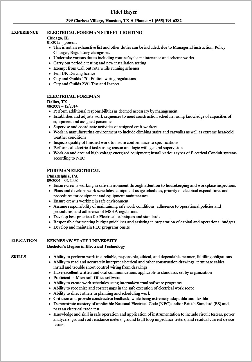 Electrician Foreman Resume Examples