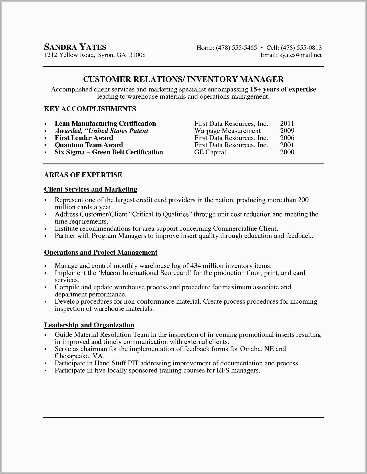 Example Of Resume For Customer Service Manager