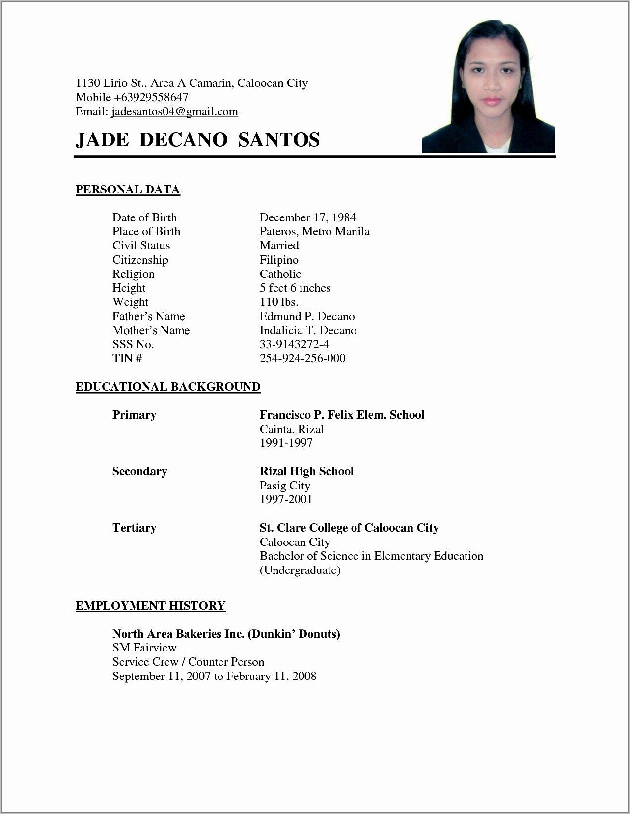 Example Of Simple Resumes