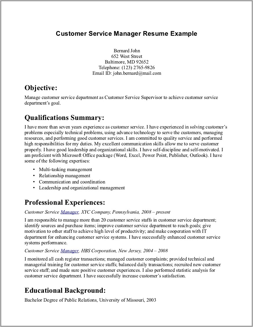 Examples Of Resumes For Customer Service Positions