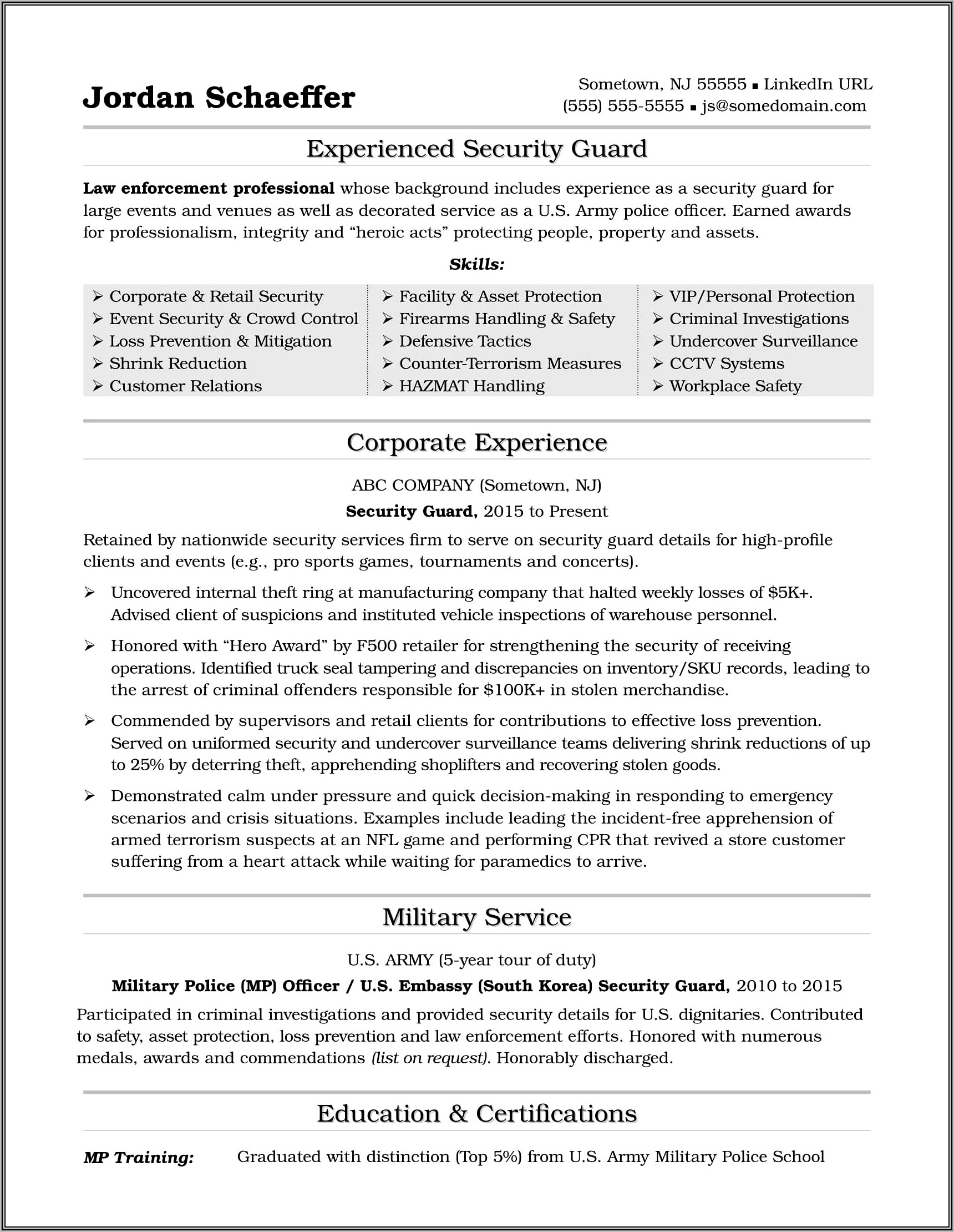Format Of Resume For Security Guard