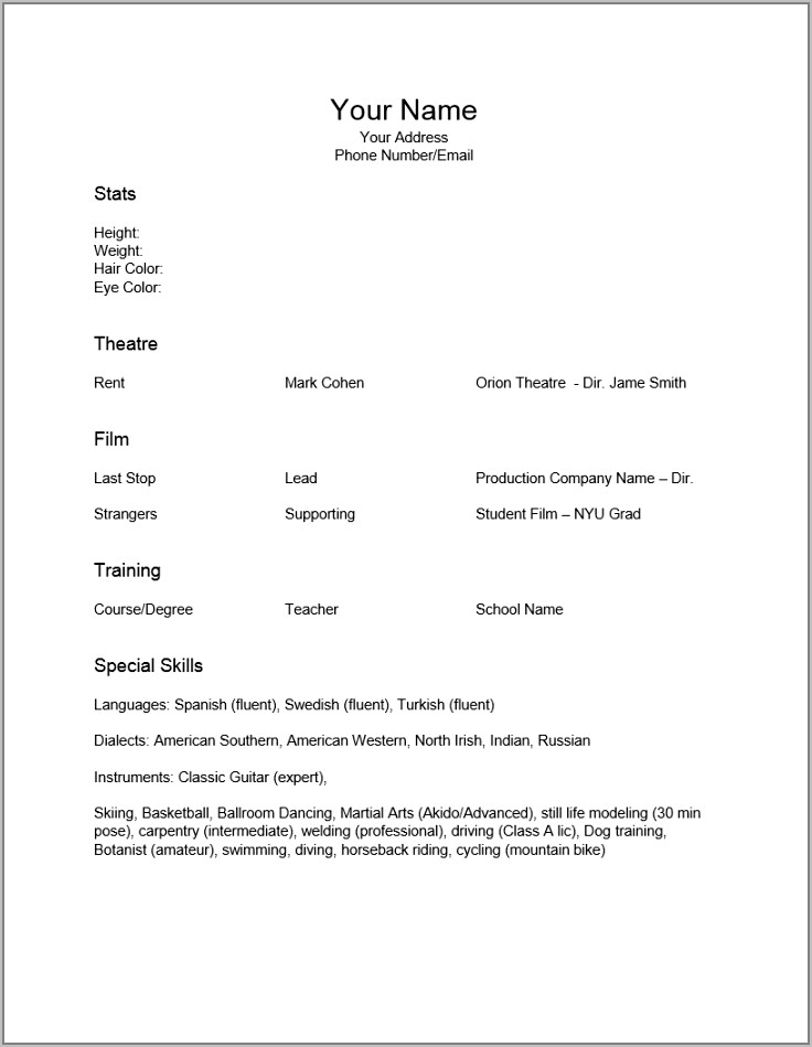 Free Child Actor Resume Template