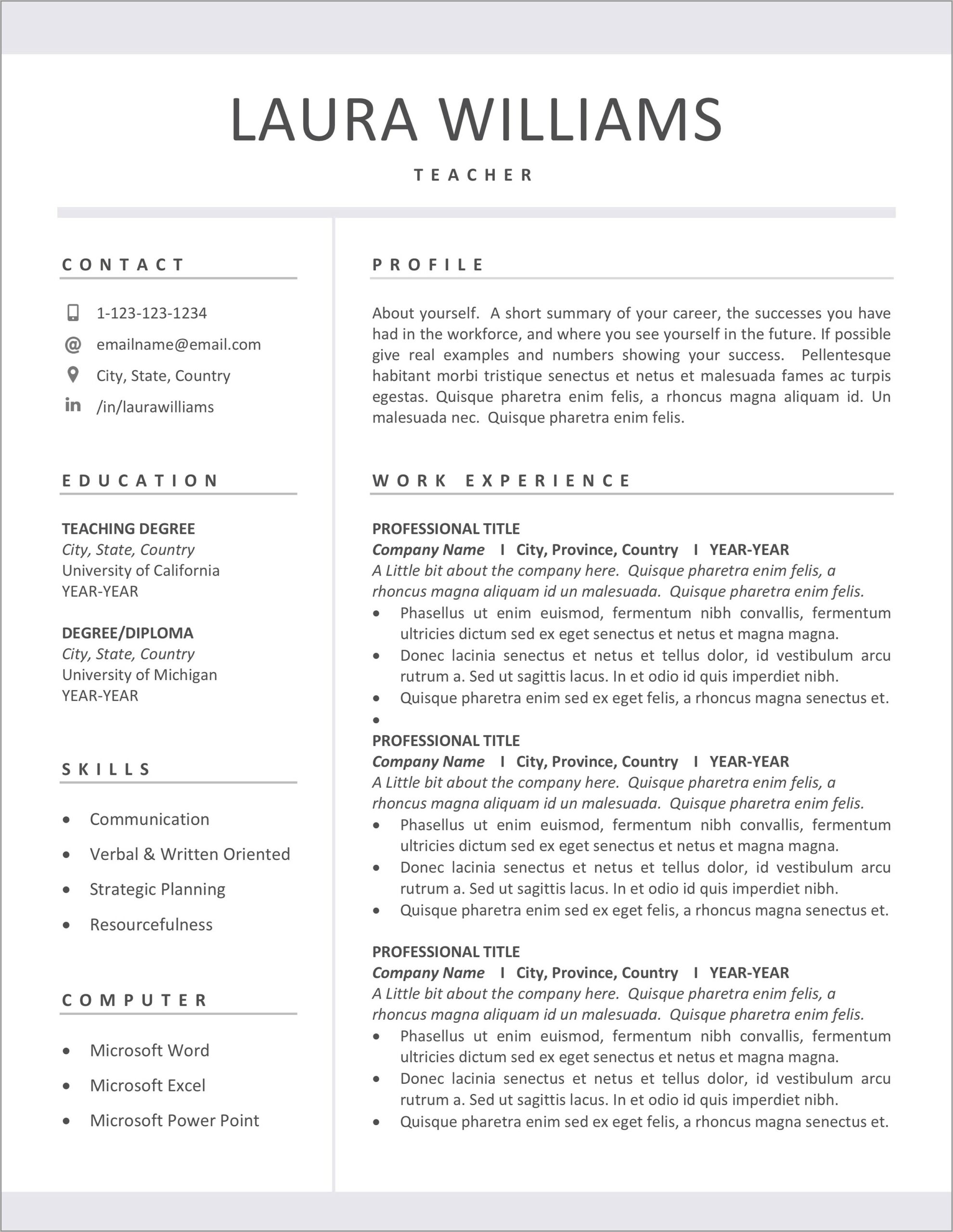 Free Editable Teacher Resume Template