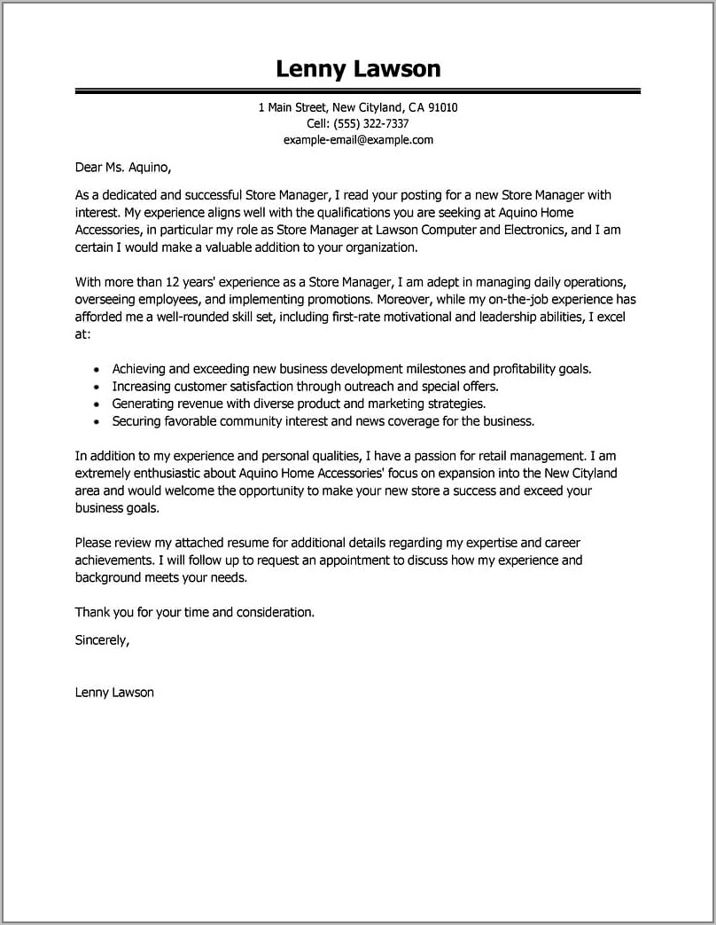 Free Example Cover Letter For Resume