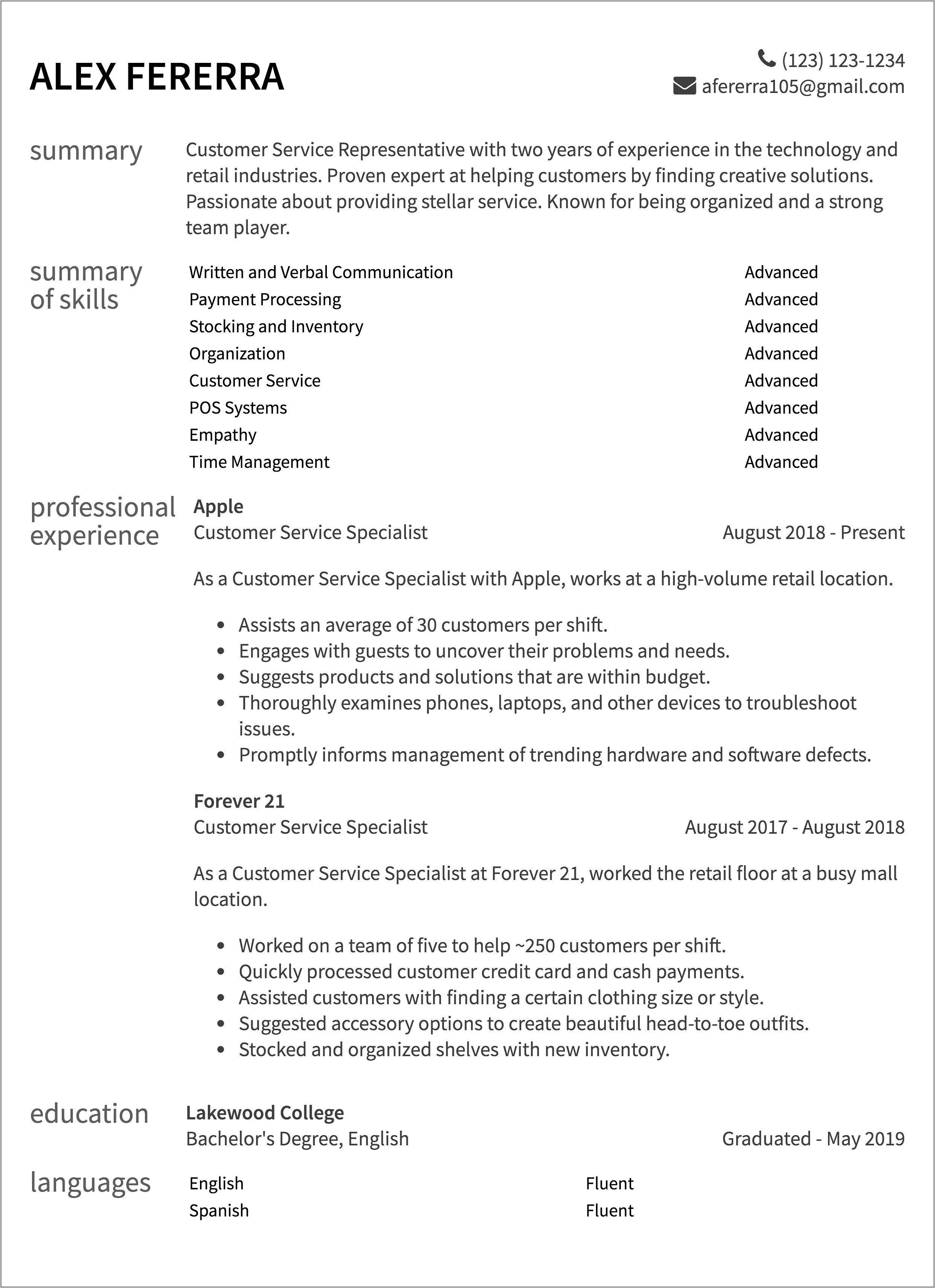 Free Examples Of Resumes For Jobs