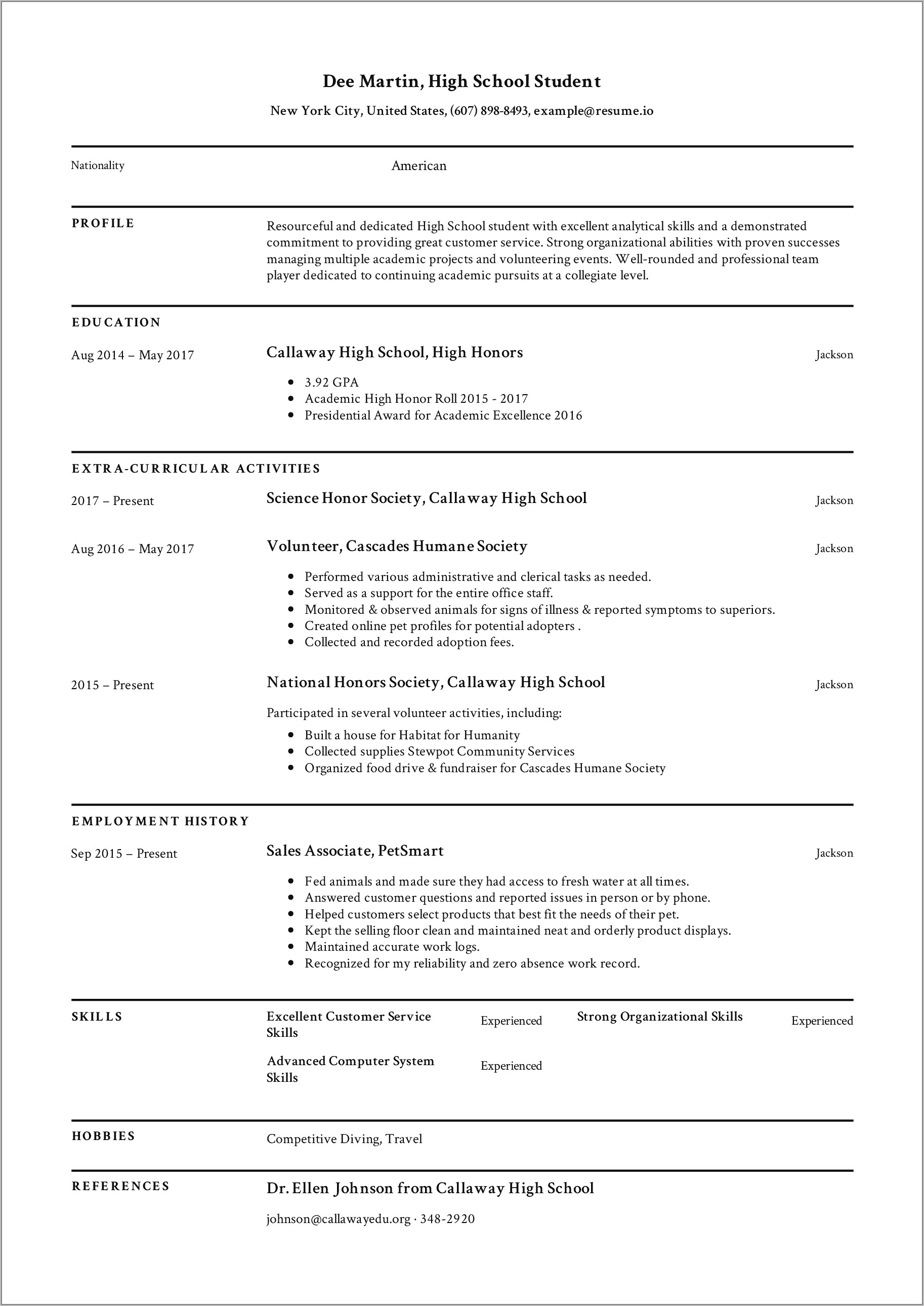 Free High School Student Resume Examples