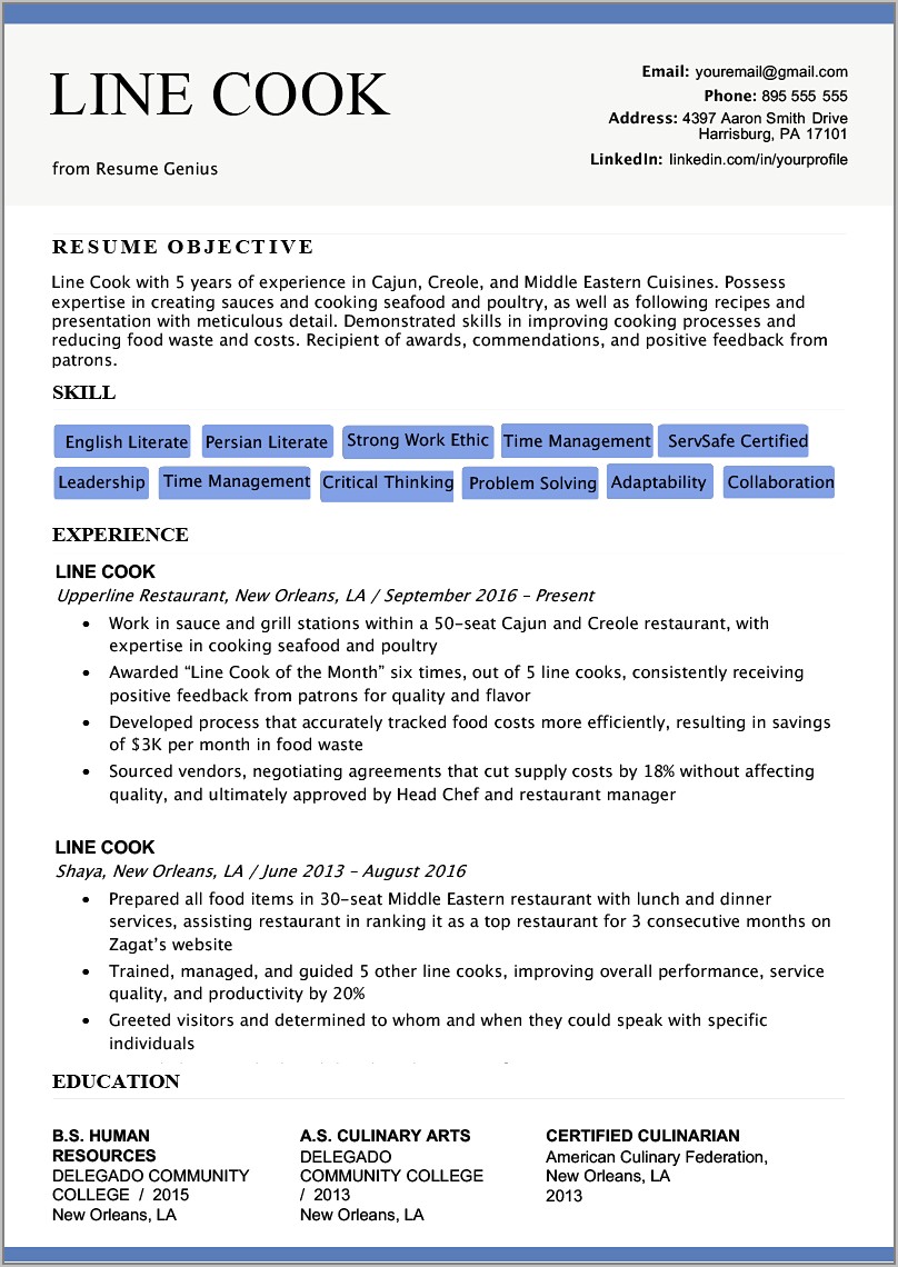 Free Line Cook Resume Templates
