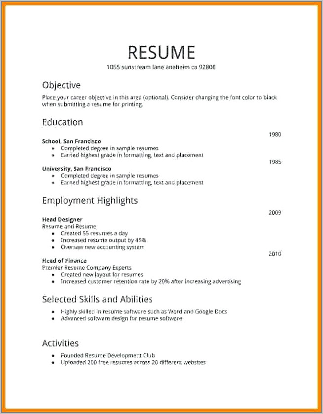 Free Printable Job Resume Forms