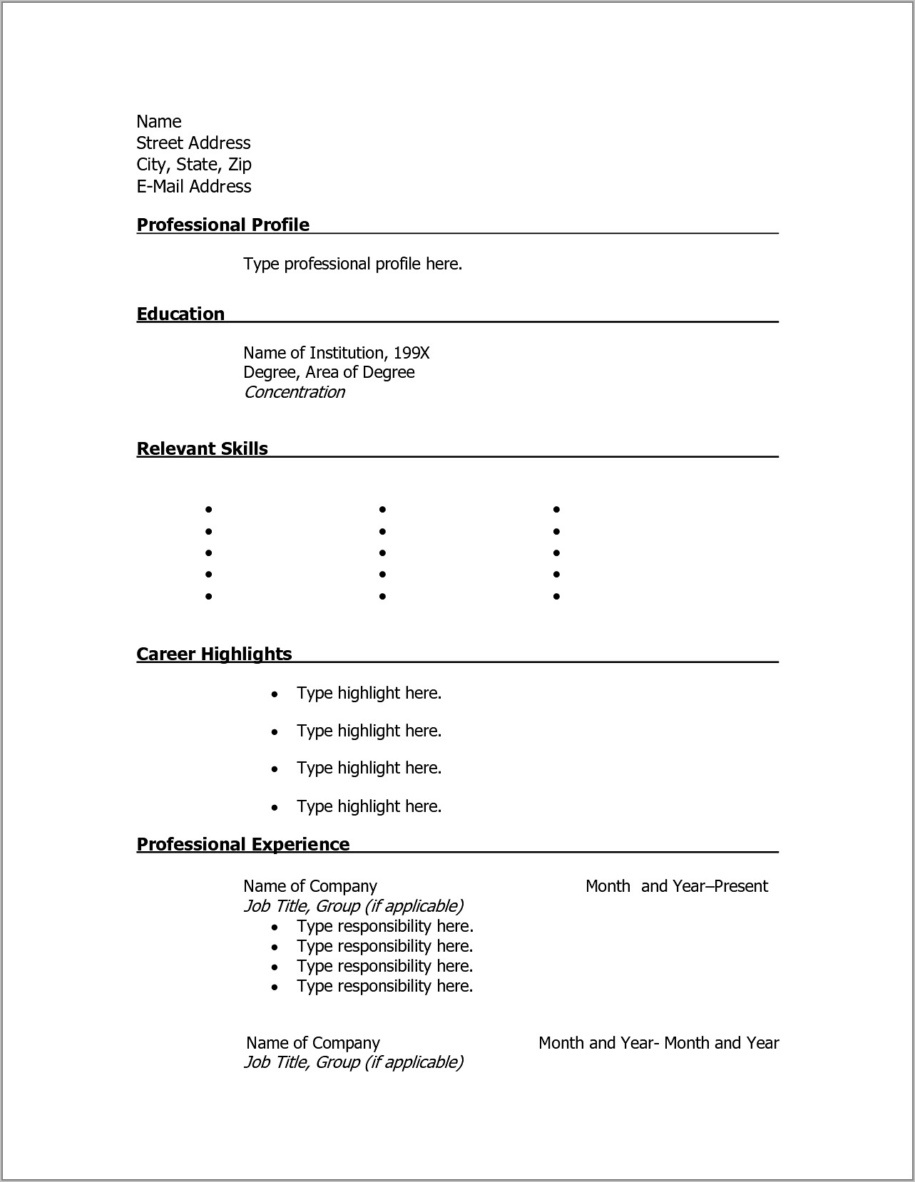 Free Printable Resume Outline