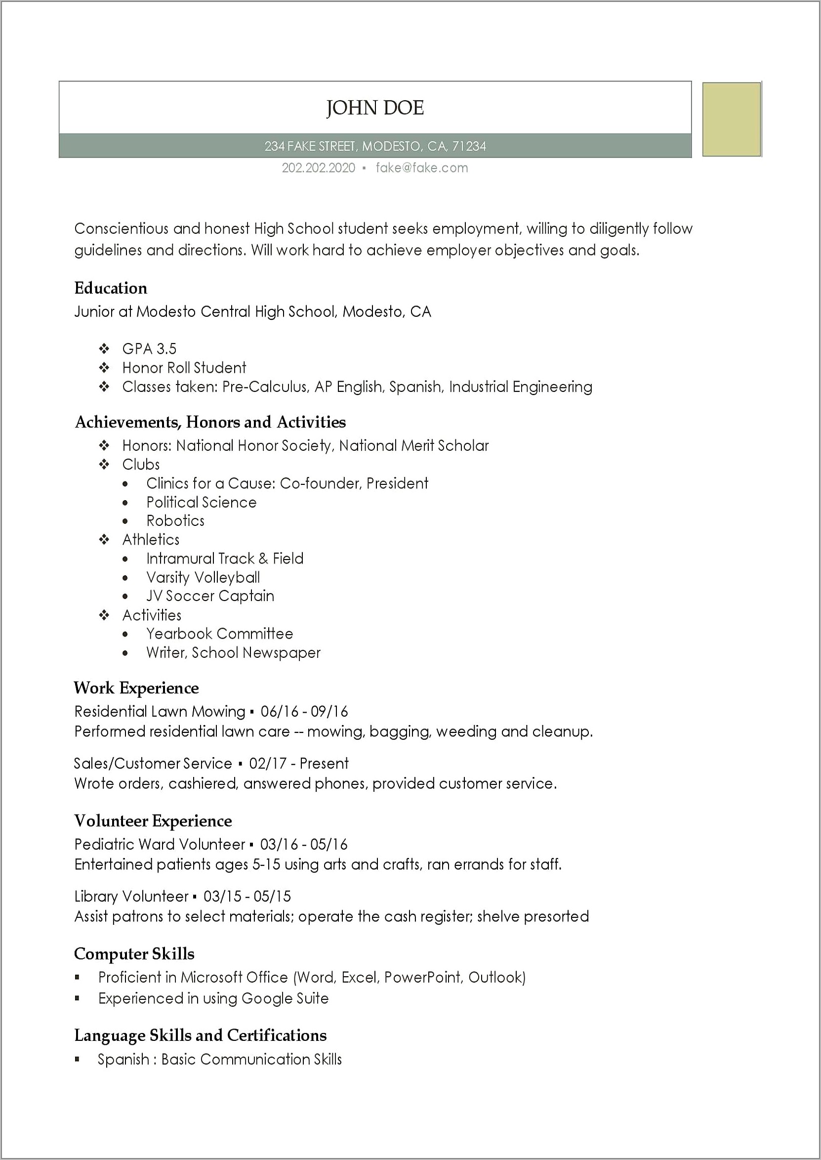 Free Resume Examples For High School Students