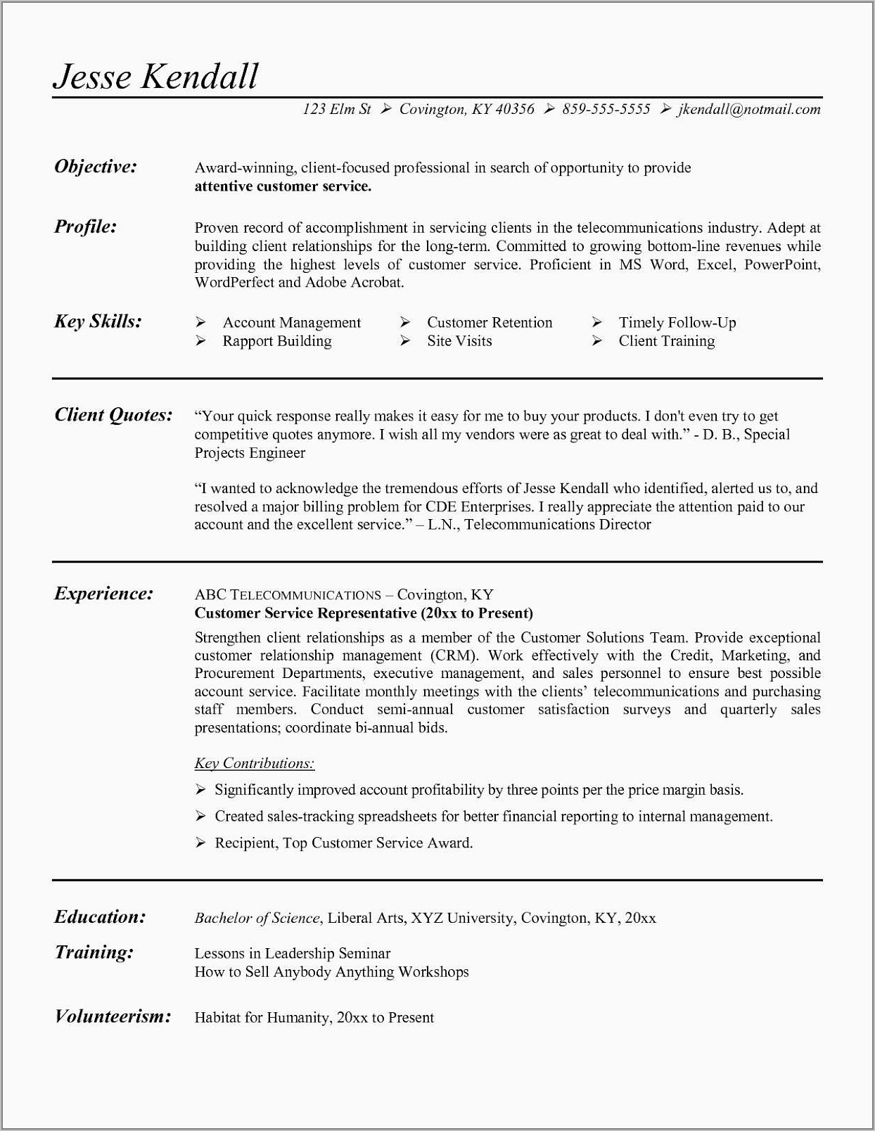 Free Resume Samples For Customer Service