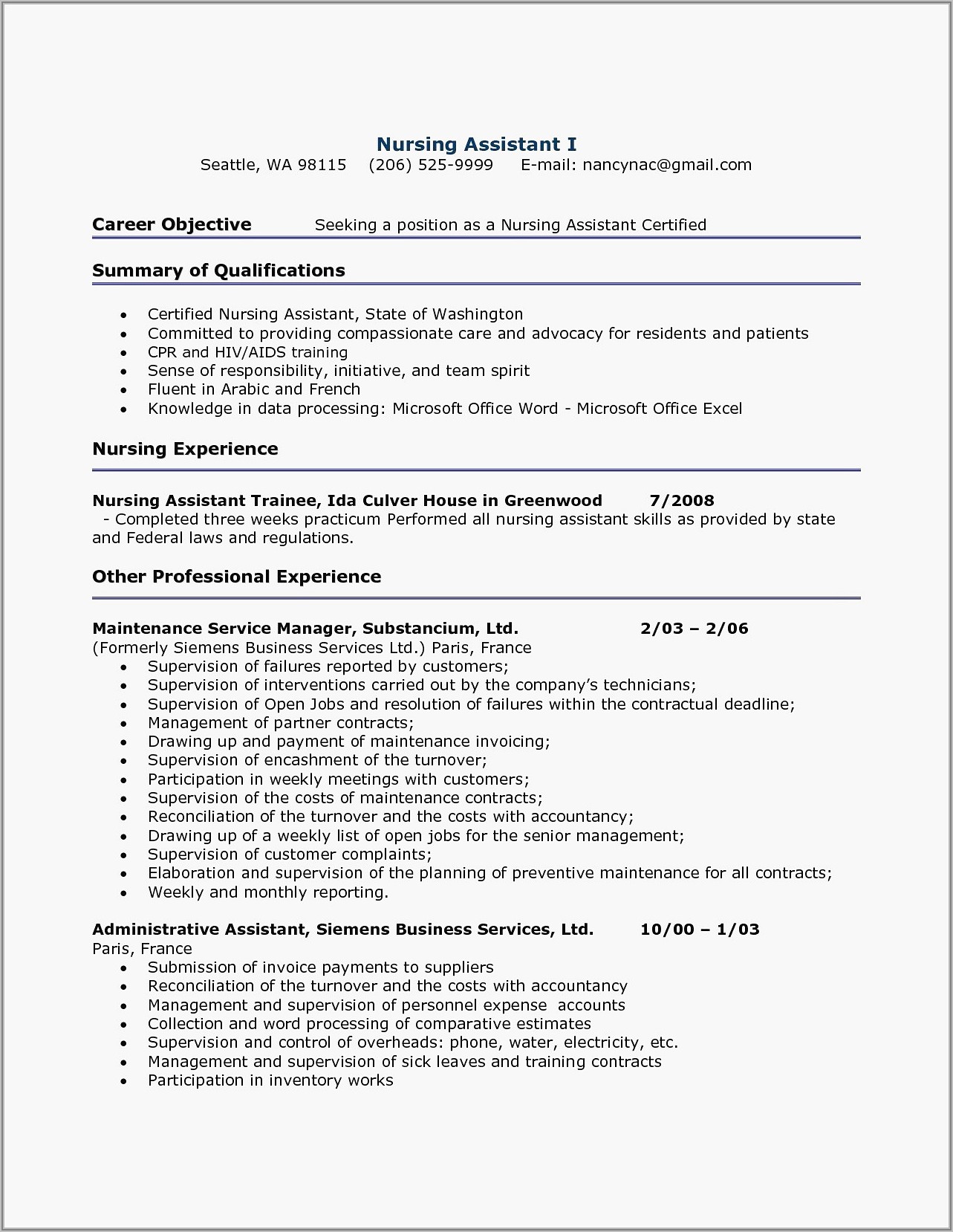 Free Resume Template For Cna