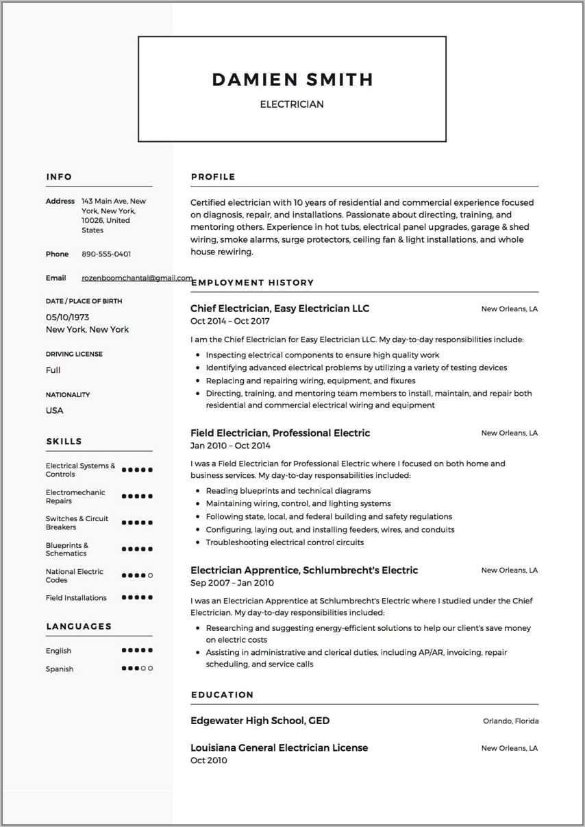 Free Resume Template For Electrician