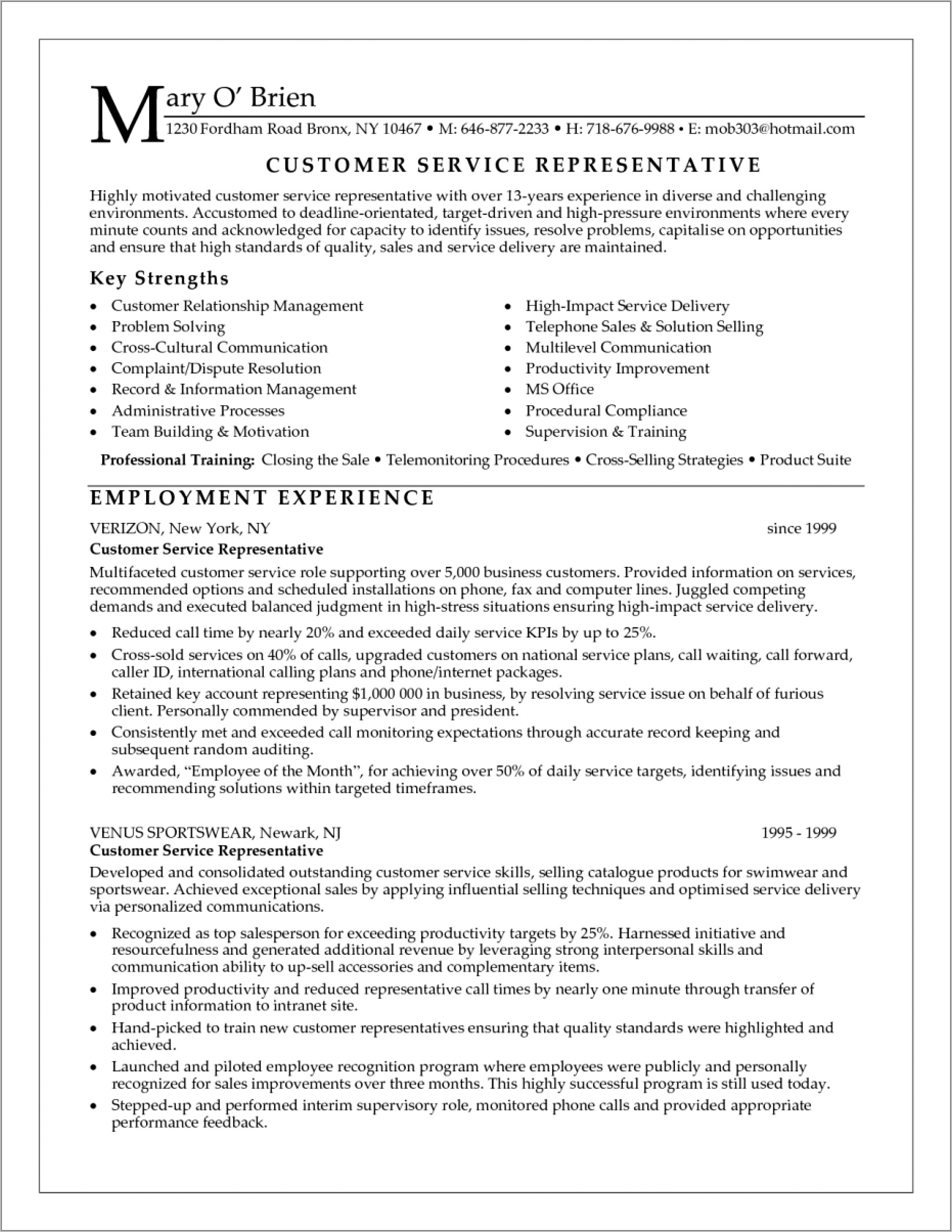 Free Resume Templates Customer Service Representative