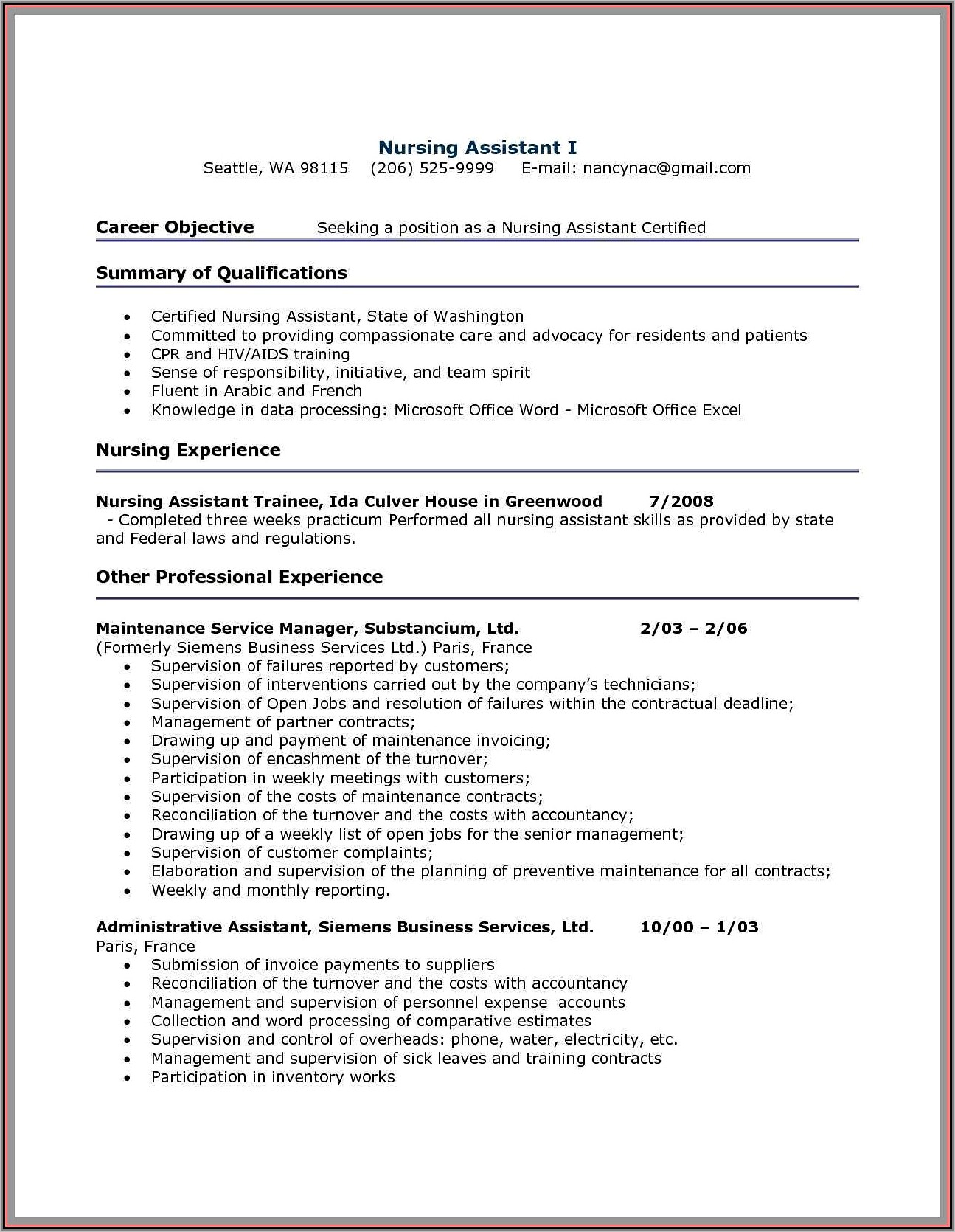 Free Resume Templates For Certified Nursing Assistant