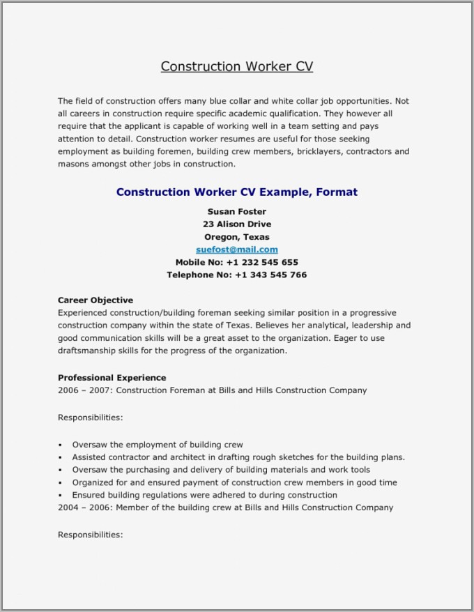 Free Resume Templates For Construction Workers