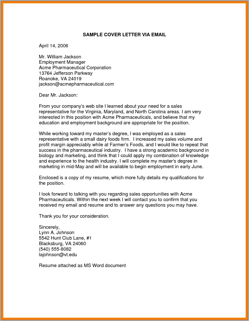 Free Sample Email Cover Letter For Resume