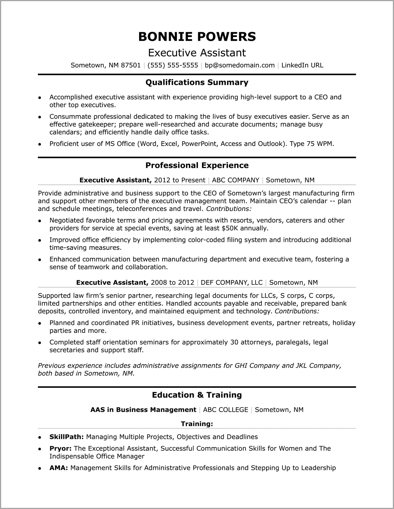 Free Sample Executive Administrative Assistant Resume