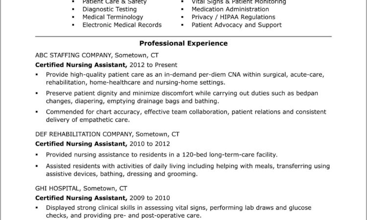 Free Sample Resume For Certified Nursing Assistant