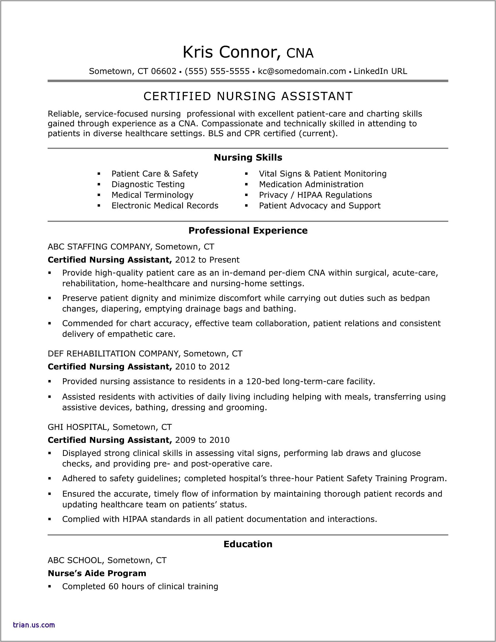 Free Sample Resume For Certified Nursing Assistant