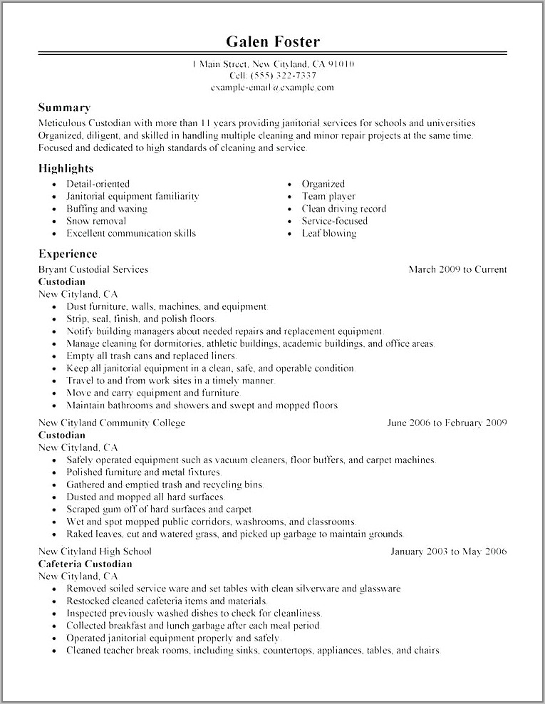 Free Sample Resume For Cleaning Job