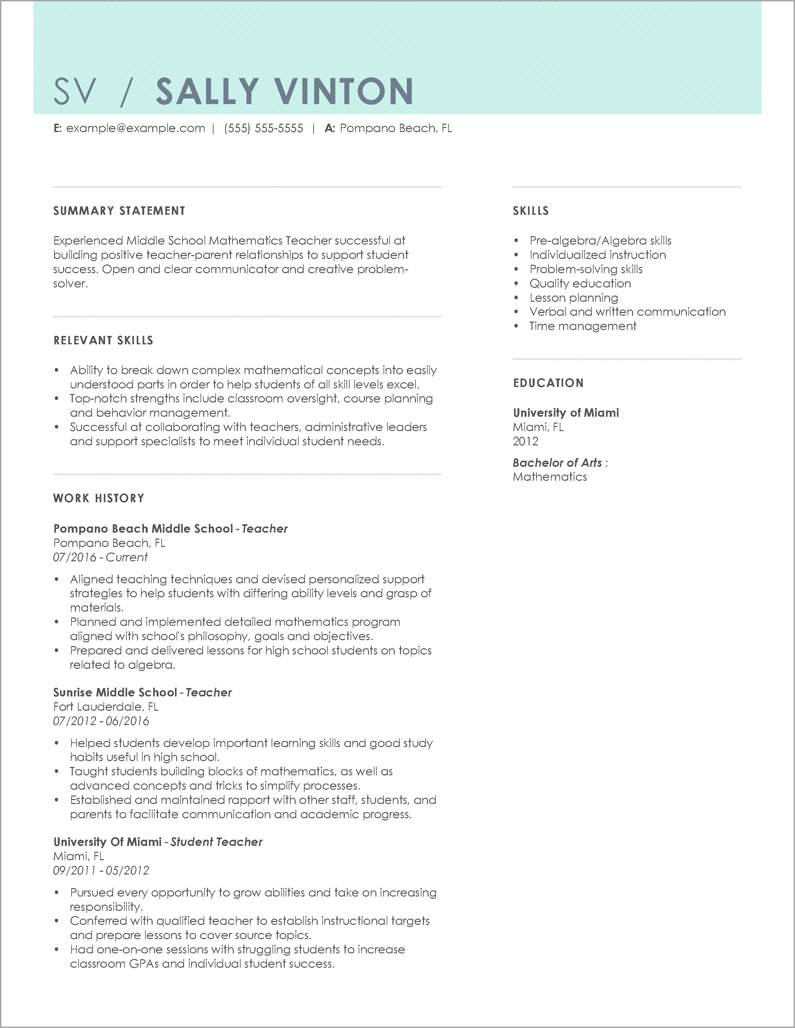 Free Sample Resume For Teachers Template