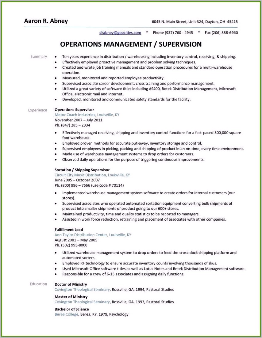 Free Sample Resume Warehouse Manager