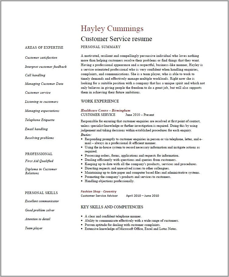 Free Sample Resumes For Customer Service Jobs