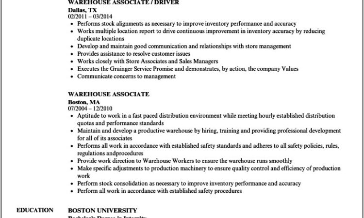 Free Sample Warehouse Associate Resume