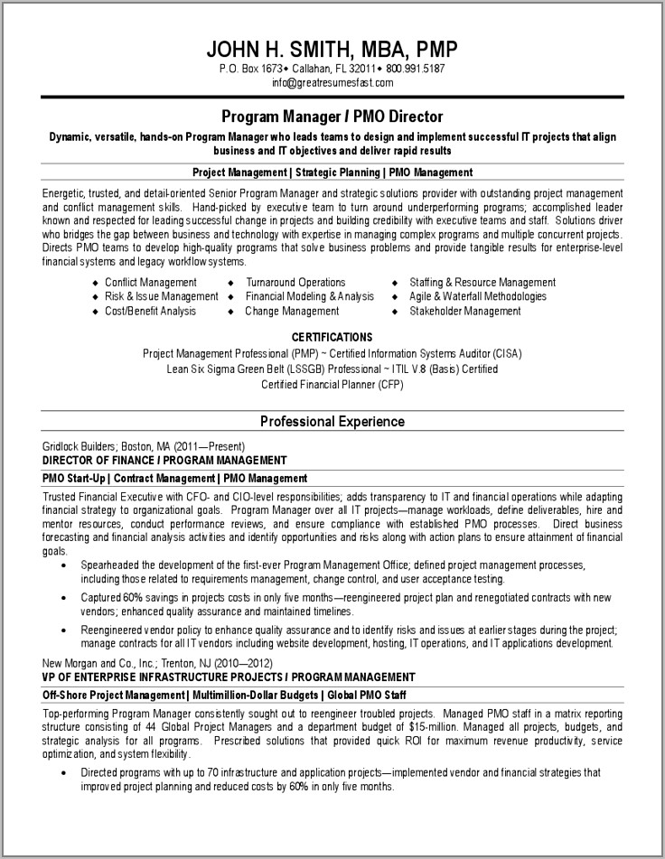 Functional Resume Template For Project Manager